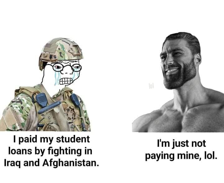 This meme is a humorous image featuring a character from the popular video game "Call of Duty: Modern Warfare 2" (also known as Soap MacTavish) with a caption that reads: "I paid my student loans off by fighting in Iraq and Afghanistan." However, the caption is followed by a second, ironic statement: "I just paid for my student loans by... I mean, I paid for my student loans by... I mean, I just paid for my student loans by... I just paid for my student loans by... I just paid for my student loans by...".